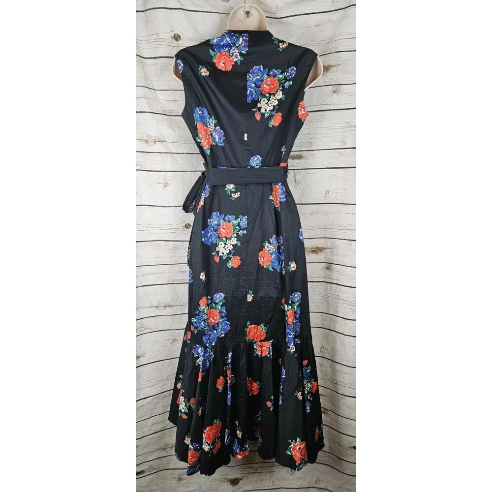 Tory Burch Navy Floral Printed Wrap Dress S Ruffle High Low Hem Sleeveless